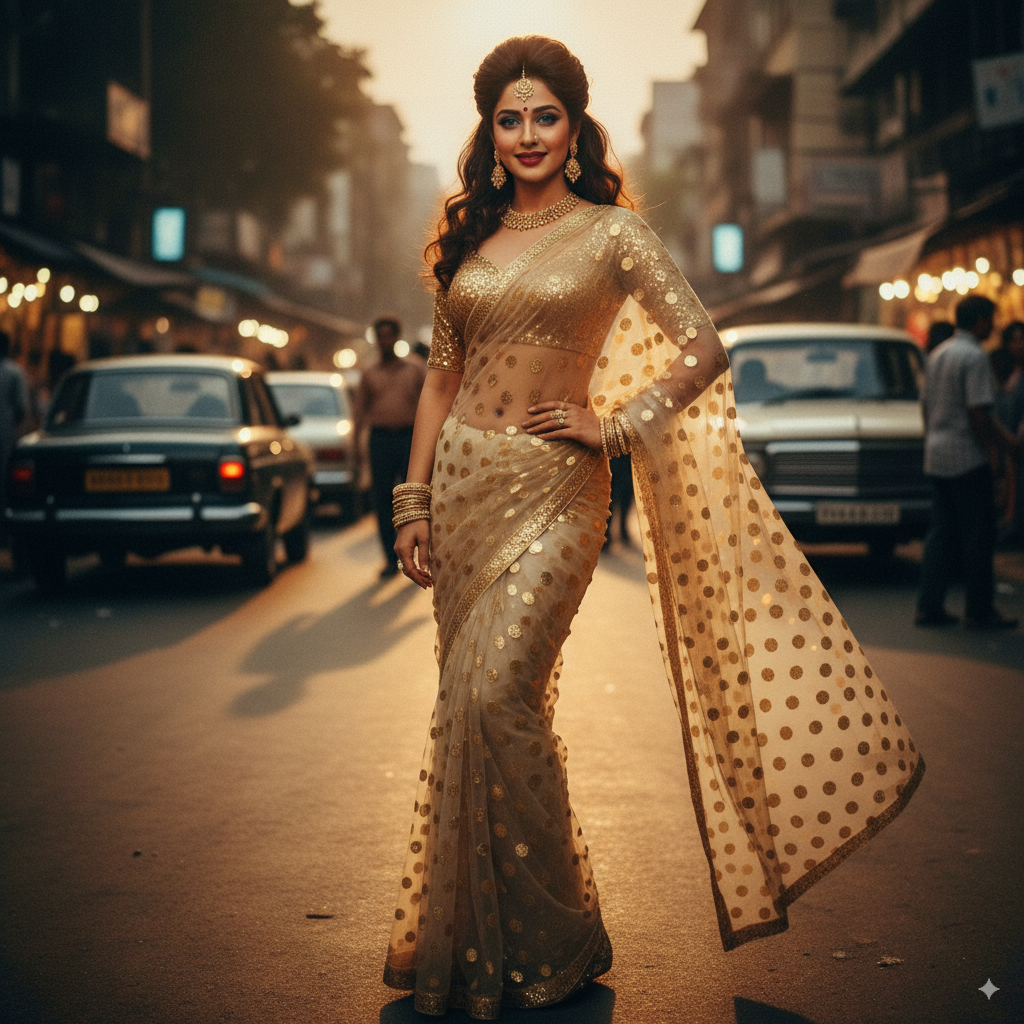 90s Bollywood-style sheer polka-dot saree on Mumbai street at dusk via nanobananas.me